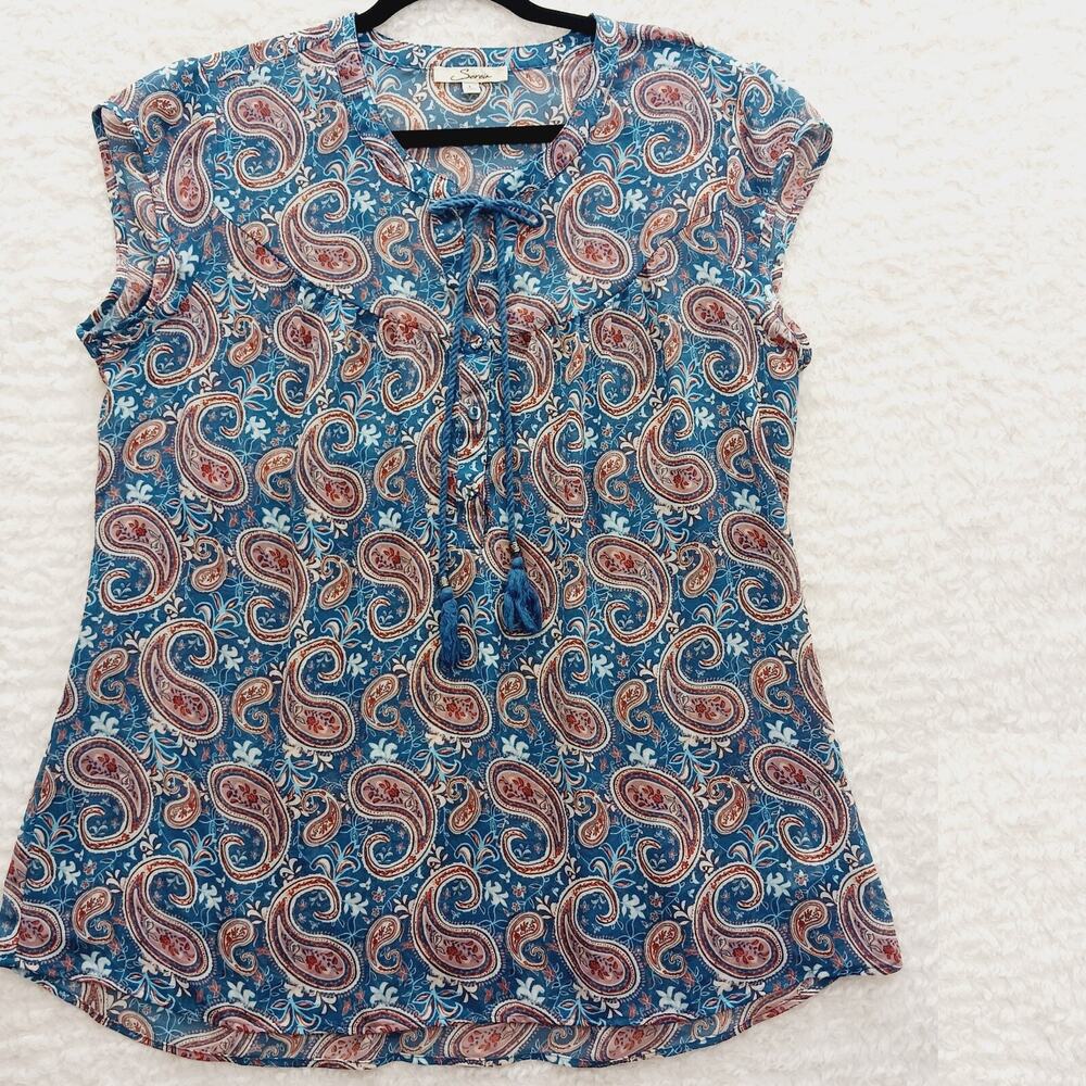 Blouse Paisley Boho Sheer Cottagecore Whimsycore Resort Chic Office Tie Size L